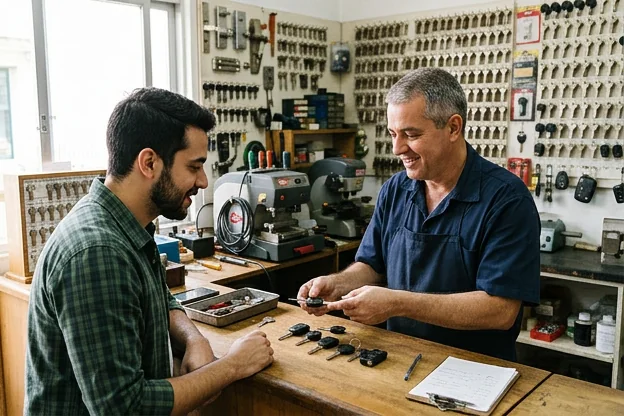 Chaveiro consultando cliente sobre serviços ofertados.