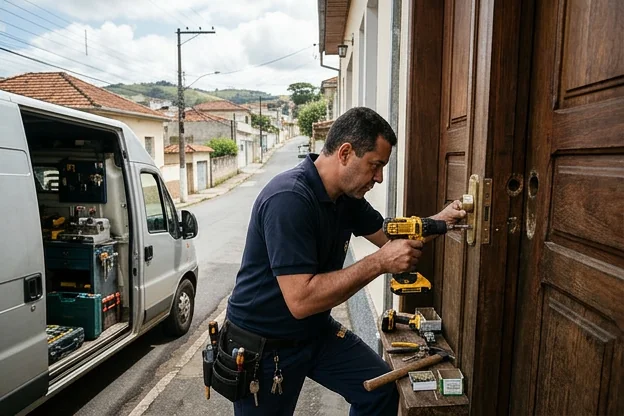 Chaveiro instalando uma trava de segurança em uma casa.